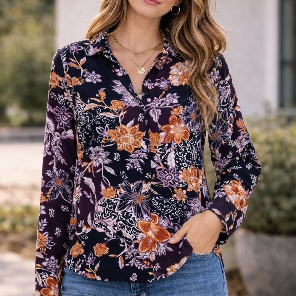Point Zero Size XS Black and Orange Floral Blouse